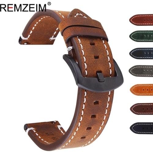 REMZEIM Genuine Leather Watch Band Strap 18 20 22 24mm Black Brown Vintage Quick Release Watch Bands Belt With Black Buckle
