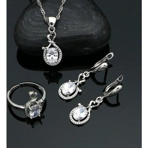 Wedding Jewelry Set for Women White Cubic Zirconia Ring Earrings Pendant Chain 925 Silver Accessories Gift To The Bride
