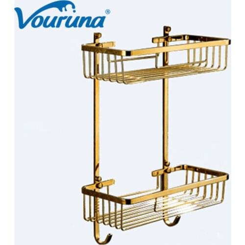 VOURU Luxurious Golden Solid Brass Double Bathroom Shower Caddy Storage Basket