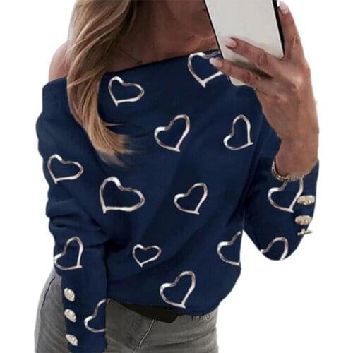 Women T-shirt Off Shoulder Gold Stamping Star/Heart Print Cotton Blend Long Sleeve T-shirt Womens Clothing футболка оверсайз