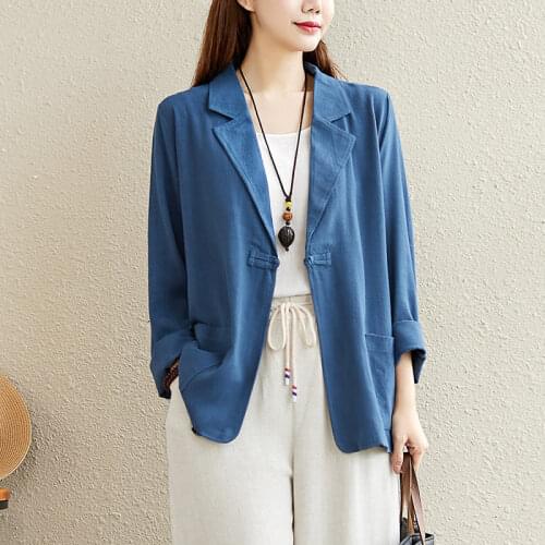 2021 Spring New Korean Retro Literary Cotton And Linen Jacket Womens Long Sleeve Loose Suit Coat Short Top Summer Blazer zh355