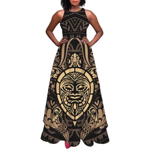 Hycool Dropshipping Women Vintage Clothes Polynesian Symmetric Print Sleeveless Maxi Elegant Dress A-Line Summer Long Dresses