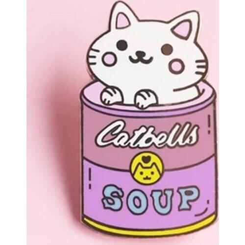 Catbells Soup Foodie Cat Can Brooch Pins Enamel Metal Badges Lapel Pin Brooches Jackets Jeans Fashion Jewelry Accessories