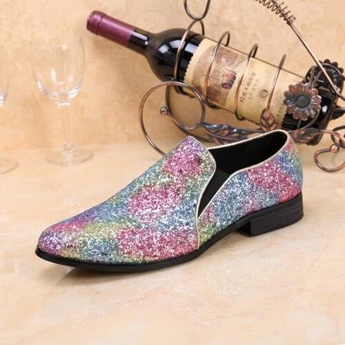 Christia Bella New Fashion Shining Color Sequins Real Leather Male Plus Size Pointed Toe Party Shoes Nighclub Prom Mens Shoes