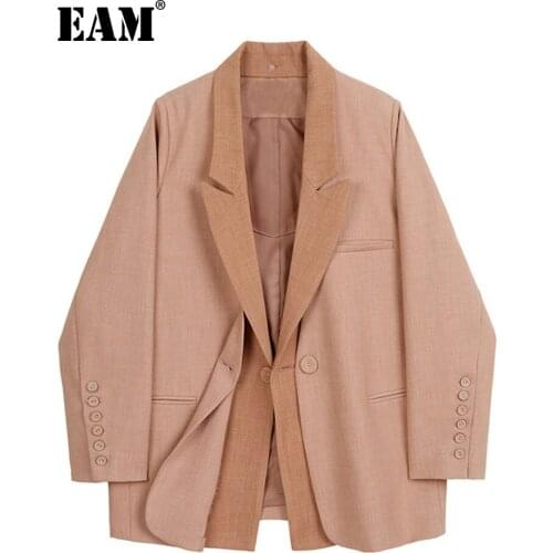 [EAM] Women False Two Big Size Temperament Blazer New Lapel Long Sleeve Loose Fit Jacket Fashion Spring Autumn 2021 1DD1014