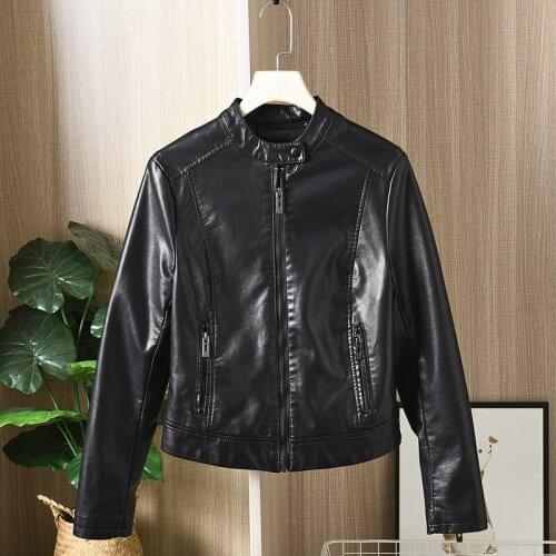 Korean Slim Long sleeve Stand-up collar Women Spring Faux PU Leather jacket Streetwear Casual Short Moto Biker Leather Outerwear