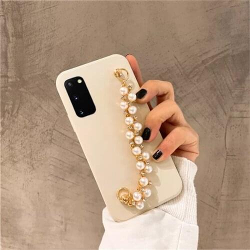 Korea Simple Solid Color Case For Samsung Galaxy S21 S20 S10 S8 S9 Plus Ultra S20 FE Note 8 9 10 20 Pearl bracelet Soft Cover
