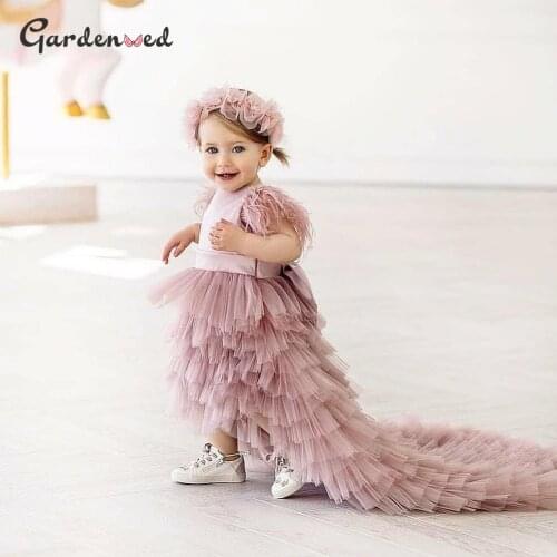 Cute Flower Girl Dresses for Wedding Party Big Bow Further Long Little Pageant Gowns Girls High Low First Communion Gown