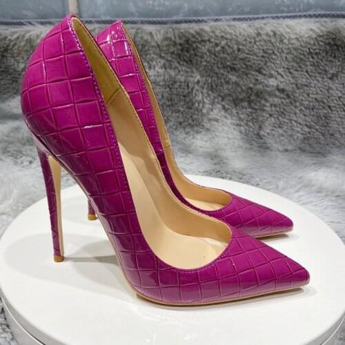 Fashion free shipping Fuchsia lattice Patent Leather Poined Toe Stiletto high heel shoe pump HIGH-HEELED SHOES dress shoes 12CM