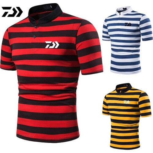 Daiwa Mens Short Sleeve Outdoor Fishing T-shirt Stripe Fashion Design Mens Lapel Short Sleeve Fishing Polo