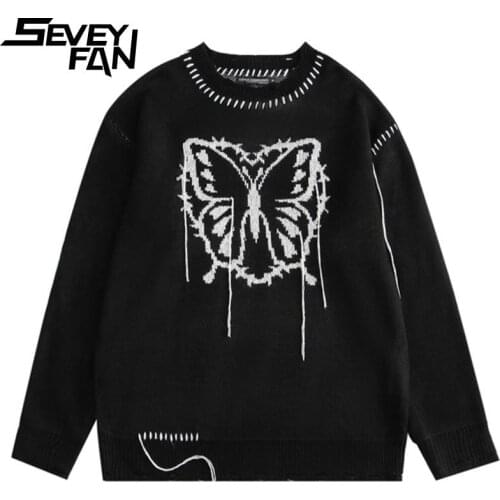 SEVEYFAN Mens Hip Hop Butterfly Jacquard Sweater Streetwear Tassels Ripped Hole Knitwear Pullover for Couples