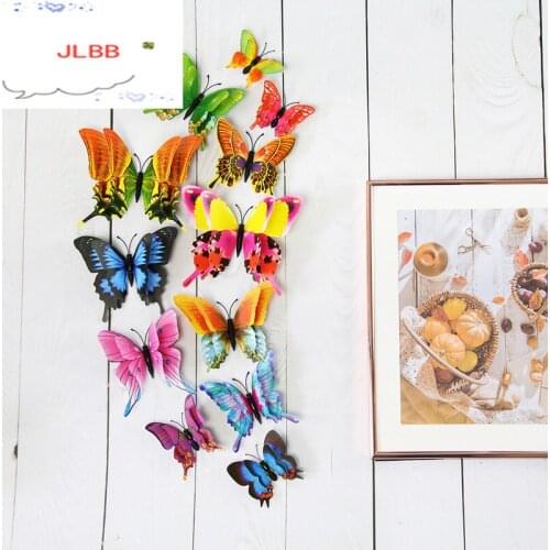 New 12pcs/set 3D Double layer Pteris butterfly Wall Sticker Home decoration Colorful Butterflies on wall Magnet Fridge stickers