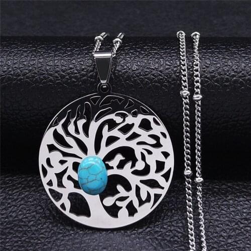 Boho Tree of Life Stone Stainless Steel Charm Necklaces Silver Color Necklaces Women Jewelry chaine acier inoxydable XH12S04