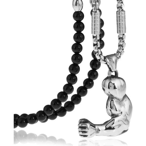 Stainless Steel Gym Fitness Arm Muscle Bodybuilding Sport Pendant Necklace with Black Natural Stone Beaded Necklace 27inches