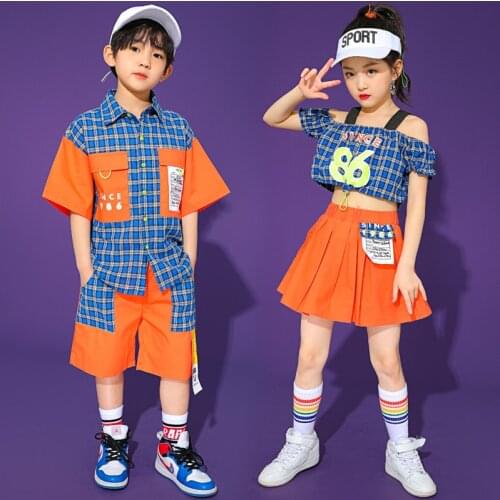 Childrens Hip Hop Dance Clothes Plaid Shirt Short Sleeve Hiphop Set Boys Street Dance Clothing For Girls Jazz Dance Wear BL5802