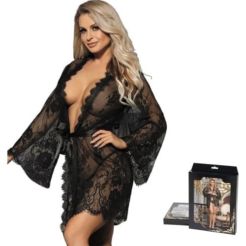 Sexy Babydoll Erotic Sleepwear Eyelash Lace Sheer Lingerie Sexy V-Neck Nightwear Robes G-string Women Sleepwear Intimate RW80528