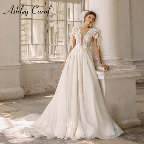 Ashley Carol A-Line Wedding Dress 2021 Elegant Beaded Deep V-Neckline Backless Bride Short Sleeve Shiny Embroidery Bridal Gowns