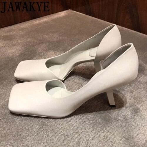 Summer Squart toe Real Leather Shoes Woman Kitten heel Design fashion Career Womens Shoes Sexy Slim Dress Party Shoes mujer