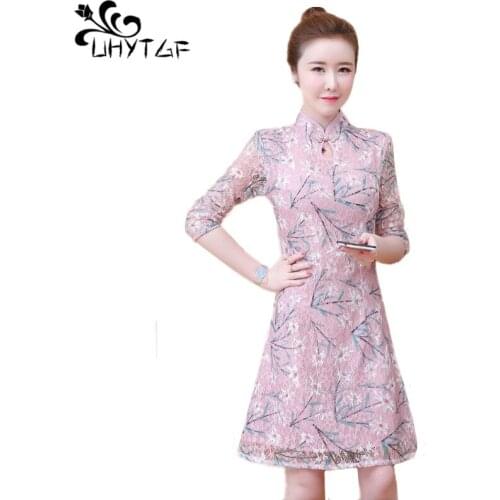 UHYTGF 5XL Plus size Women Dresses Elegant cheongsam Chinese Style Dresses Womens Slim Vintage Dresses Women Printed Lace X763