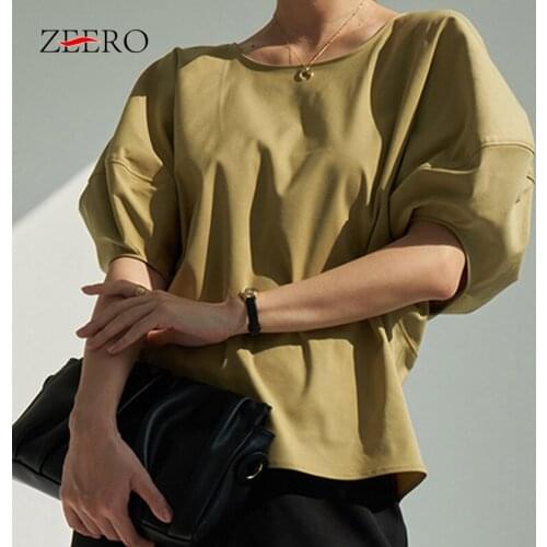 Korean Summer Women Clothing Loose Casual O-Neck Raglan Puff Short Sleeves T-shirt Woman High Quality Irregular Length T Shirts