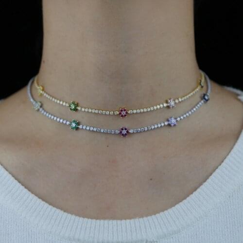 Wholesale Gold Color Colorful Rainbow Cubic Zirconia CZ Flower Charm Thin CZ Tennis Chain 32+10CM Fashion Women Choker Necklace