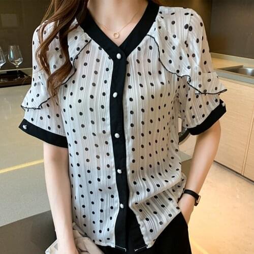 V-Neck Ruffles Chiffon Blouses Polka Dot Short Sleeve Button Women Shirts 2021 Office Summer Tops Woman Clothes Chemisier Femme