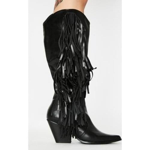 Moraima Snc Pointed Toe Woman Boots Black Leather Tassel Knee High Shoes Runway Thick Heels Motorcycle Boots Red White