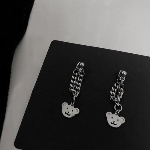 Womens Earrings Bear Chain Pendant Ear Stud Silver Color Vintage Metal Retro Earrings 2021 Trendy Fashion Female Jewelry