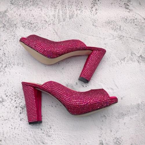 CHS1277 Custom Made High Heels Women Slipper Wedding Shoes Fuchsia Pink Crystal Women Slides Party Shoes