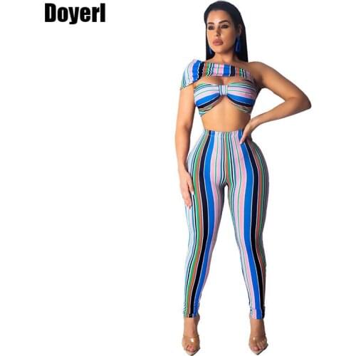 2020 Women Sexy Club Two Piece Set Summer Outfits Party Festival Strapless Crop Top Bra Striped Pants Set 2 Piece Matching Sets