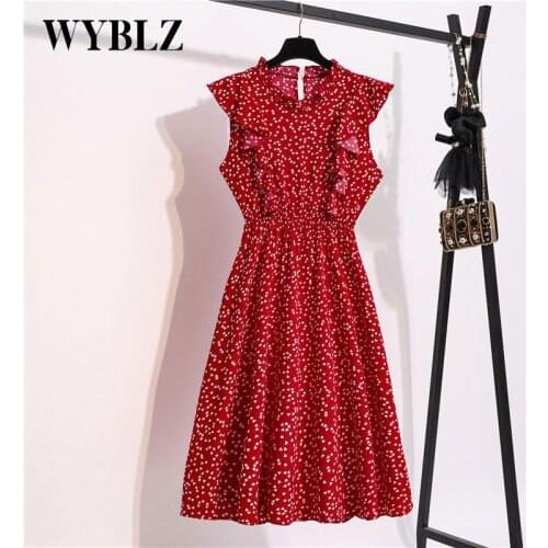 Polka Dot Chiffon Dress Women Summer Short Sleeve Party Dress Slim A-Line Casual Elastic Waist Elegant Midi Dresses Robe Femme