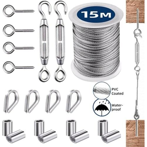 1 Set 15M 2mm Wire Rope Cable Hooks Hanging Kit Flexible PVC Coated Stainless Steel Clothesline Kit