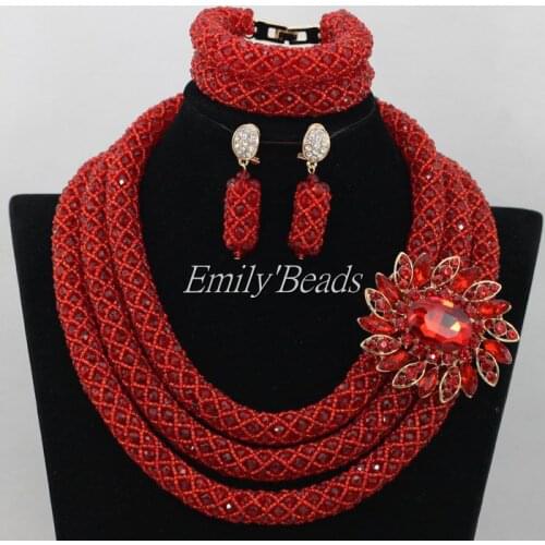 2016 Gorgeous Red African Wedding Beads Jewelry Set Luxury Nigerian Bridal Jewelry Set Crystal Beads Set Free Shipping AIJ584