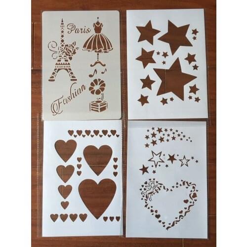 4pcs / set A4 Pentagram heart-shaped Paris, iron tower Stencils Painting Coloring Embossing Scrapbook Album Decorative Template