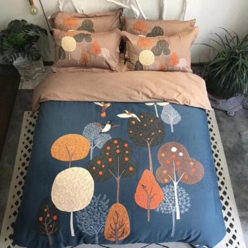 Luxury 100% cotton Blue Peacock Printed Flower Bedding sets Sanding Queen King Cartoon Duvet cover Bed sheet set Pillowcase 4pcs