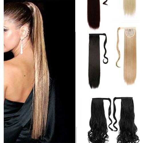 Allaosify 24 inches Long straight Real Natural Synthetic Ponytail with Hair clips Hair Extensions Wrap Around on Ponytail