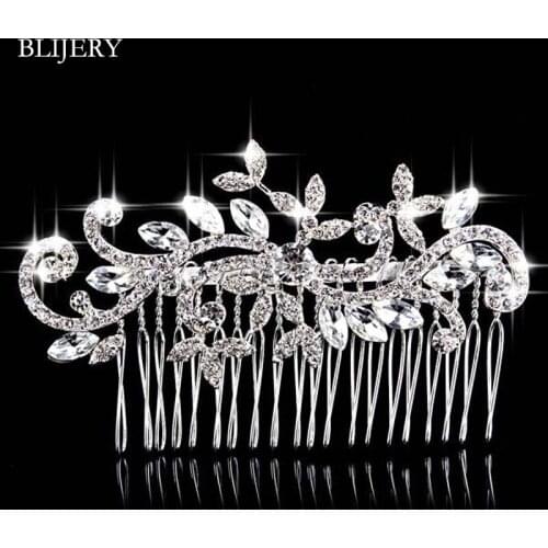 BLIJERY Fashion Crystal Bridal Hair Accessories Silver Color Floral Bridal Hair Combs Hairpins Women Hair Jewelry Wedding Tiara
