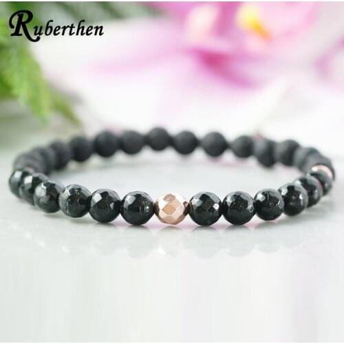 Ruberthen 6 mm Faced Black Tourmaline Braceelt EMF Protection Bracelet Natural Lava Rock Essential Oil Diffuser Bracelet