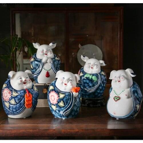 DXUIALOI Retro Classic Congratulations to Fa Cai Piggy Bank Ceramic Crafts Decoration Painted Pig Piggy Bank Home Decoration