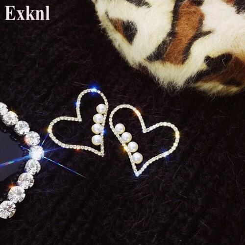 Exknl Sweet Heart Crystal Stud Earrings for Women Girl Simulated Pearl Rhinestone Earrings Party Weddings Fashion Jewelry Gifts