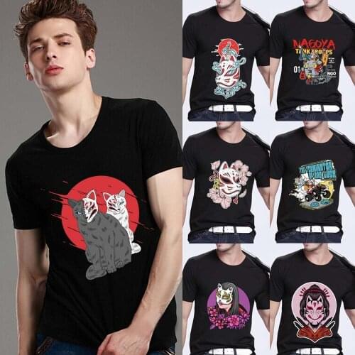 Mens Classic Black T-shirt Printed Cute Tops Comics Firefox Mask Series Casual O-neck Youth Mens Commuter Comfortable Shirt
