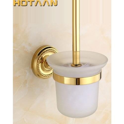 HOTAAN Free shipping Solid Brass Wall Mount Mounted Toilet Brush set With Tempered Glass Cup Holder, Gold Color YT-12212G