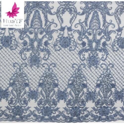 Ice Blue Handwork Beaded Tulle Lace With Embroidery Net Fabrics For Collection HY1264