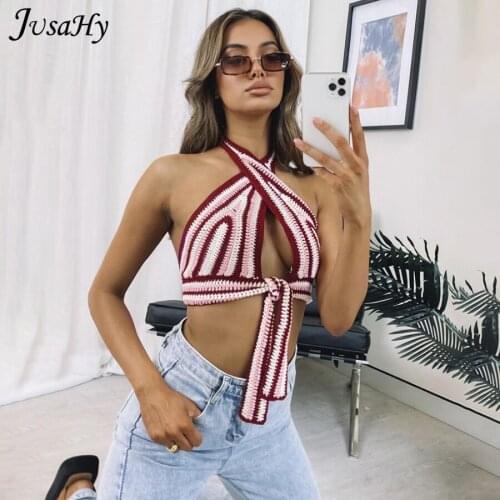 JusaHy Knitted Print Hollow Out Crop Top Women Sexy Sleeveless Backless Adjustable Club Tank Top Vacation Female Party Clothes