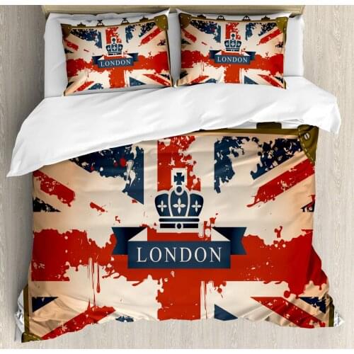 Union Jack Duvet Cover Set Vintage Travel Suitcase with British Flag London Ribbon and Crown Image Decorative 3 Piece Bedding