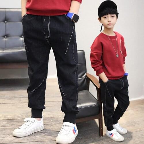 Korean Fashion Children Boys Clothing Casual Jeans Pencil Pants Elastic Waist Denim Cotton White Line Trousers 4-13Y Pants Boys