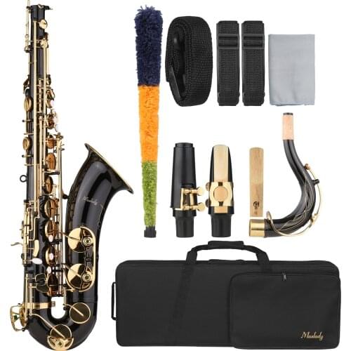 Muslady B-flat Tenor Saxophone Bb Black Lacquer Sax with Sax Case Mouthpiece Reed Neck Strap Cleaning Cloth Brush for Beginners