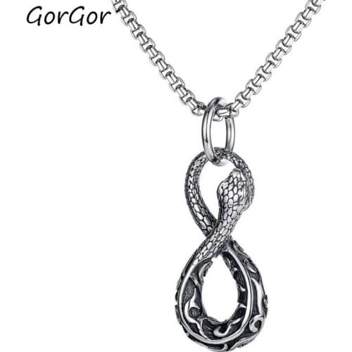 GorGor Gothic Jewelry Mens Stainless Steel Animal Snake Pendant Chain Necklace (Snake)1730