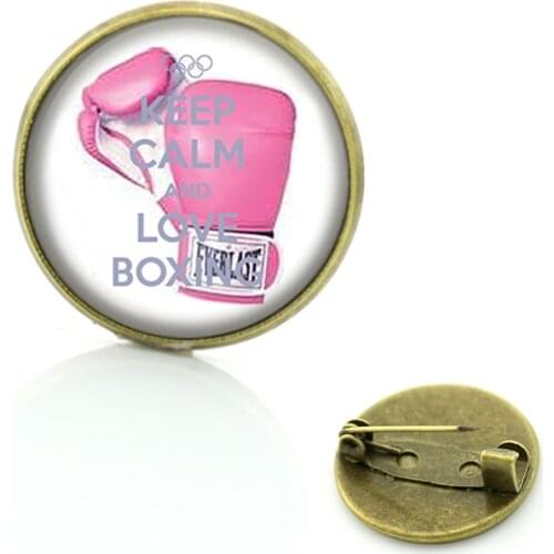 Sales 20 mm glass cabochon Keep Calm and Love Boxing brooches pins boxing glove quotes sports badge jewelry for men SP230