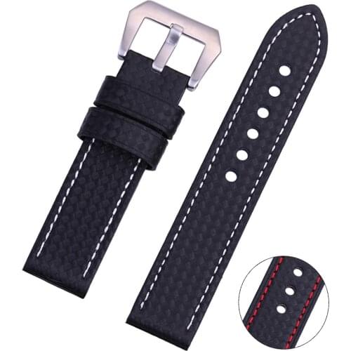 EACHE Carbon Fiber Watch Strap Replacement Watch Band 22MM 24MM Black with White and Red stitching